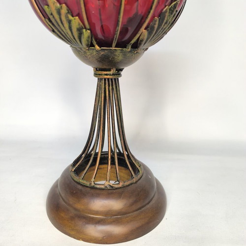 Handmade red glass vase candleholder with metal base and cage new