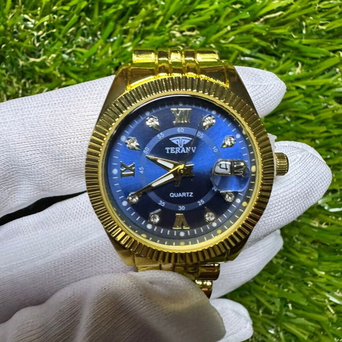 Watch men's luxury gold-tone with blue dial and quartz movement