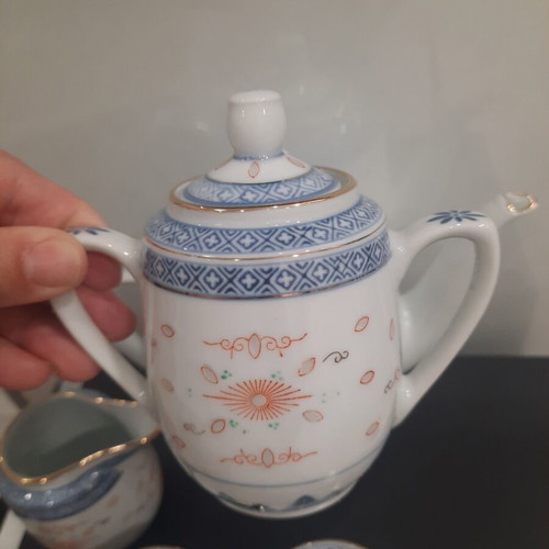 Vintage porcelain tea set China rice grain technique, like new
