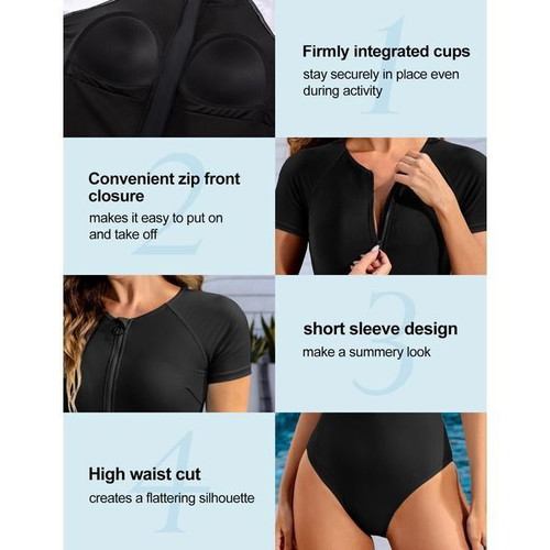 RITOSTA women's black one-piece sports swimsuit with short sleeves and front zipper, L