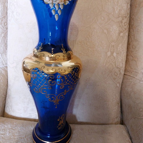 Large Bohemia vase used 44×17 cm with hand painting and 24k gold from 1950