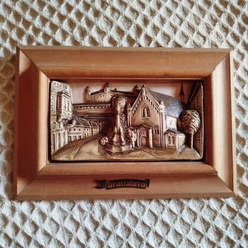 Wooden embossed souvenir frame used with Bratislava landscape 23.5x16cm