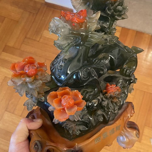 Feng Shui Pixiu Sculpture like new with Peony Flowers and Happiness Inscription