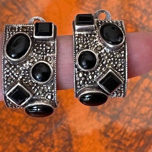 Large handmade silver vintage earrings 925 with agate like new, clip on