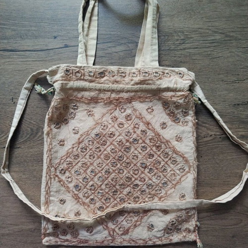 Boho/ethnic fabric embroidered bag-pouch used, beige