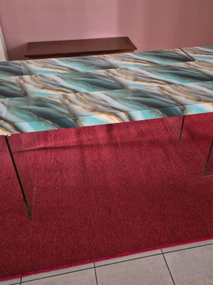 Dining set used with glass legs and 3 black and 3 gray chairs