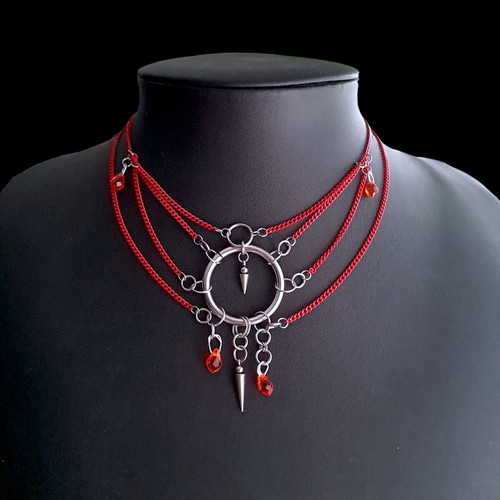 Layered Necklace new with red chains and stainless steel accents