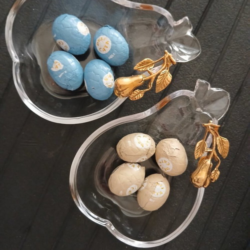 Vintage glass bowls shaped like pears with brass fruit detail, like new