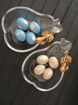 Vintage glass bowls shaped like pears with brass fruit detail, like new