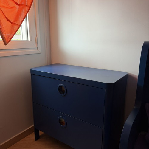 IKEA BUSUNGE children's bedroom set with bed, chest, and NATTSMYG mattress like new
