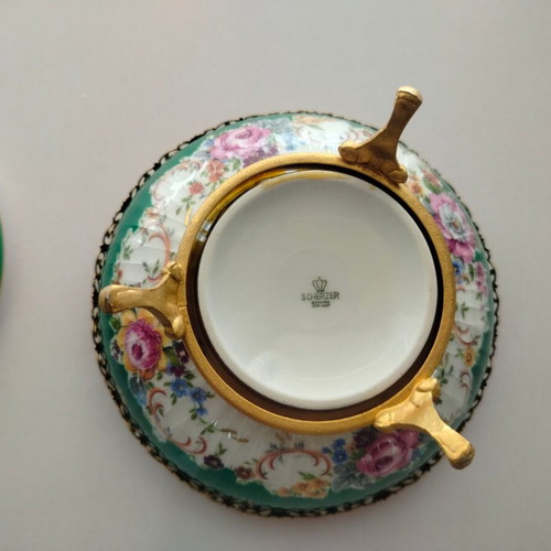 Porcelain fondue pot with green floral pattern Scherzer Bavaria-Germany used