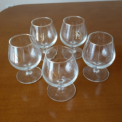 Vintage balloon cognac glasses set of 5 used with gold rim and monogram N