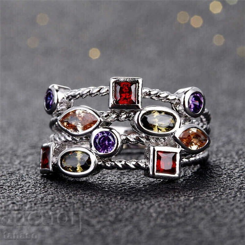 Women's multicolor ring new, silver with moonstone and crystal