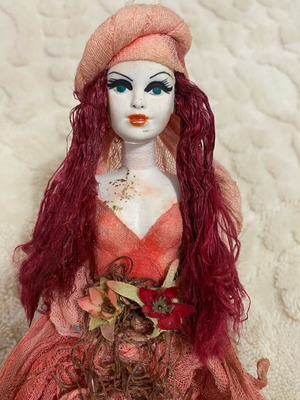 Porcelain wall doll 57cm like new with sapio apple dress and burgundy hair