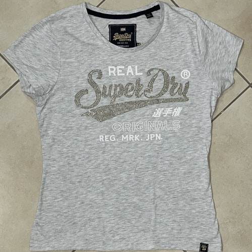 Superdry Women T-Shirt grey size M like new with sequin rhinestone logo