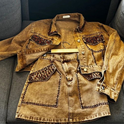 Set Denim jacket and skirt Newtendy with strass, like new
