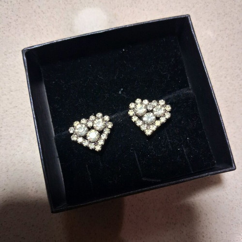 Vintage 90s Heart-Shaped Earrings with Rhinestones, Like New, Silver Color
