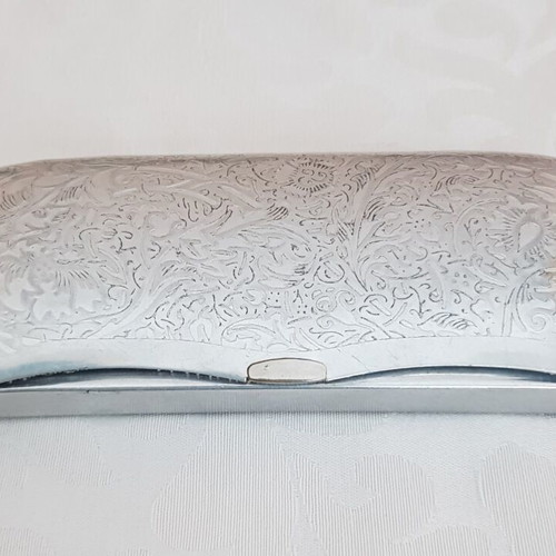 Vintage metal glasses case with embossed floral design, silver, used