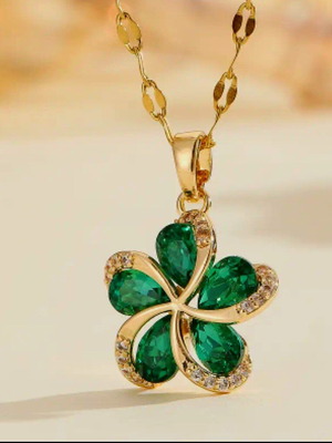 Steel necklace with green and gold crystals new