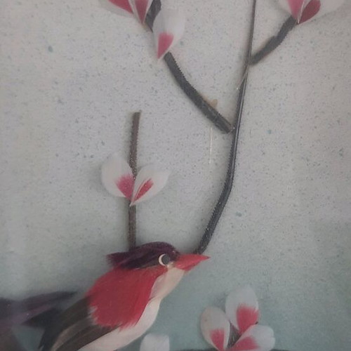Wall frame with bird made of feathers used, 18x12cm