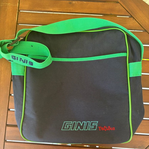 Ginis shoulder bag used, blue and green adjustable strap