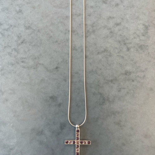 Silver Necklace Cross with Pink and Purple Rhinestones like new