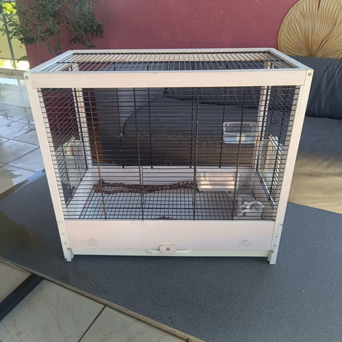 Wooden birdcage used with steel bars and plastic door