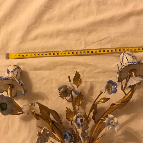 Antique wall lights used, set of 2 with porcelain flowers