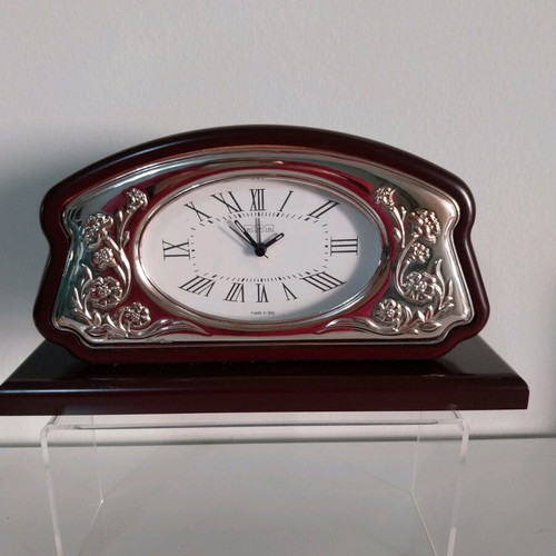Silver 925 Table Clock Italy on Wooden Base