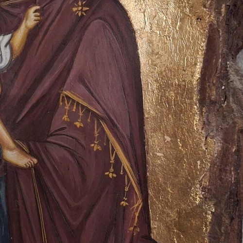 Vintage 1990s Greek Orthodox icon of Panagia with Christ on natural pine wood