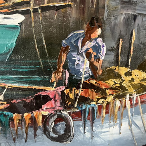 Large oil painting with palette knife, Greek seaside landscape by Dimas