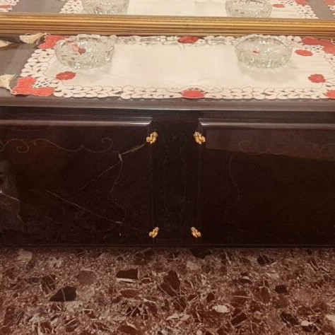 Antique dining set black lacquer like new with 6 leather chairs and sideboard