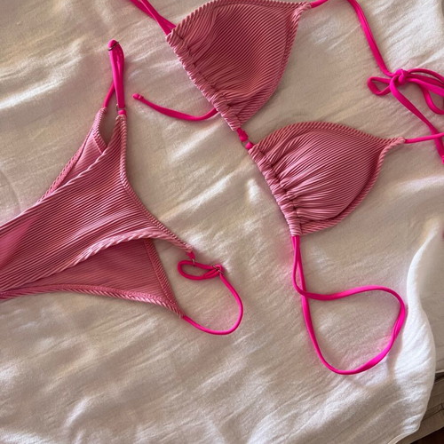 Pink women's bikini set used, high-waisted Brazil style with side strings