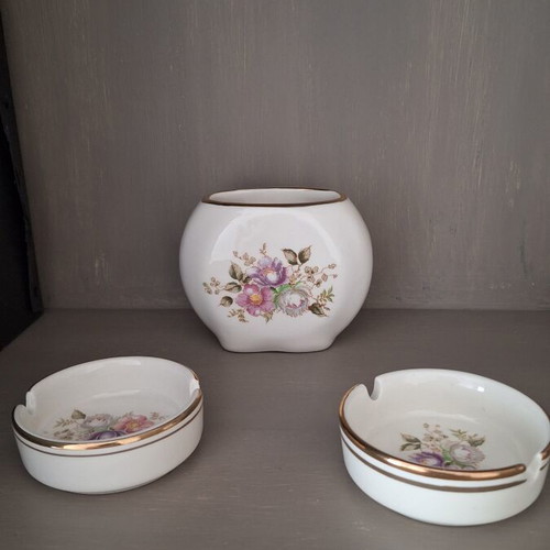 Ceramic set of three pieces with handpainted gold leaf decoration, 1960s