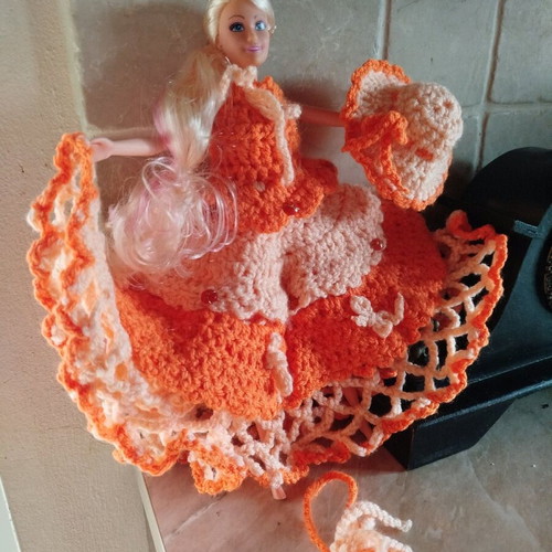 Doll with handmade dress, hat and bag new