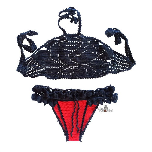 Handmade knitted swimsuit new, size small, black and red
