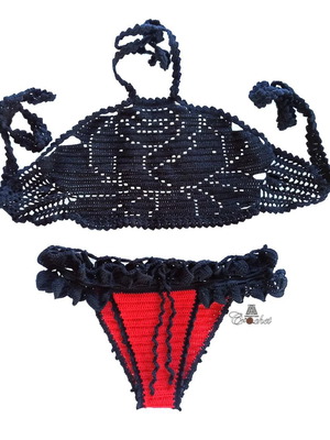 Handmade knitted swimsuit new, size small, black and red