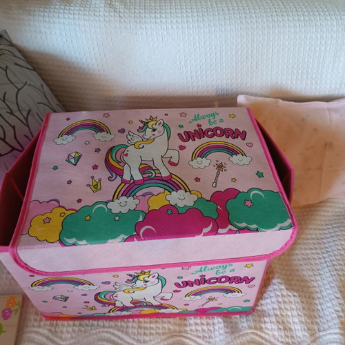 Pink fabric storage box with unicorn design