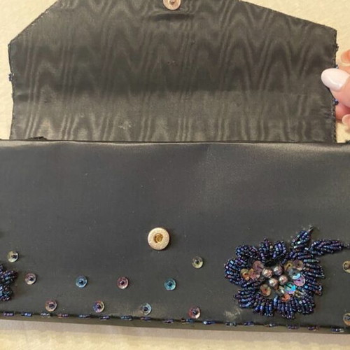 Embroidered clutch bag with beads in blue satin, like new