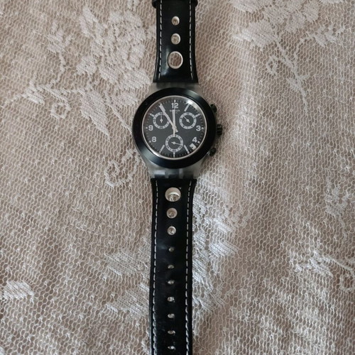 Swatch Irony Black Cup watch used with black leather strap