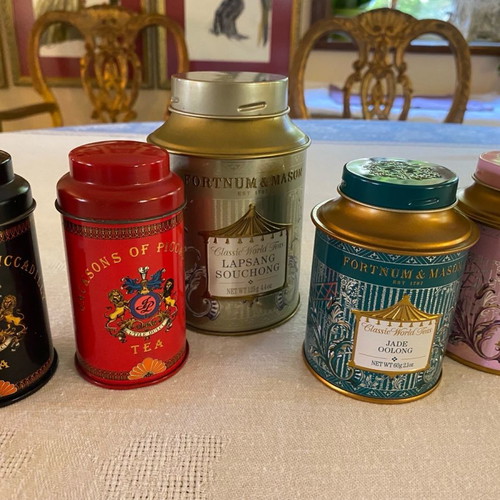 Metal tea tins used, pack of 7, Fortnum & Mason, Jacksons, Dammann frères