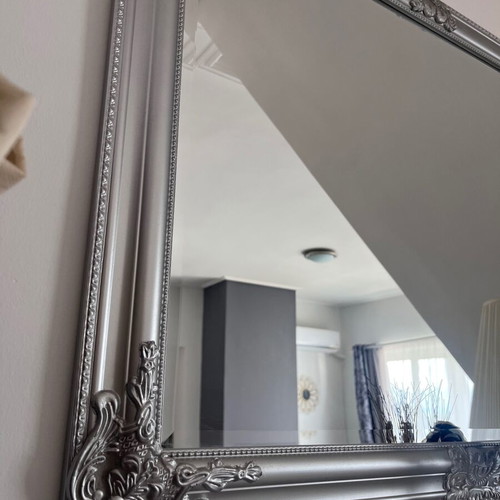 Silver mirror used, MDF back, solid eucalyptus, 69.5x90 cm