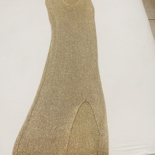Midi dress with gold thread used, beige and gold