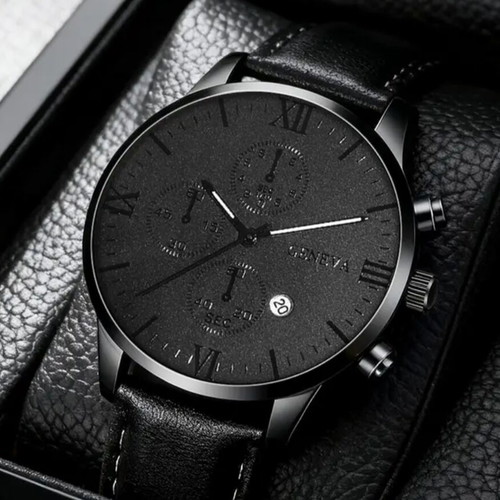 Geneva wristwatch with date, quartz mechanism, black