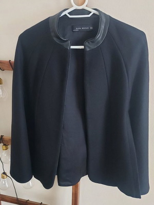 Zara Black Cape Jacket - Leather Detail on the Collar (Minimal Chic)
