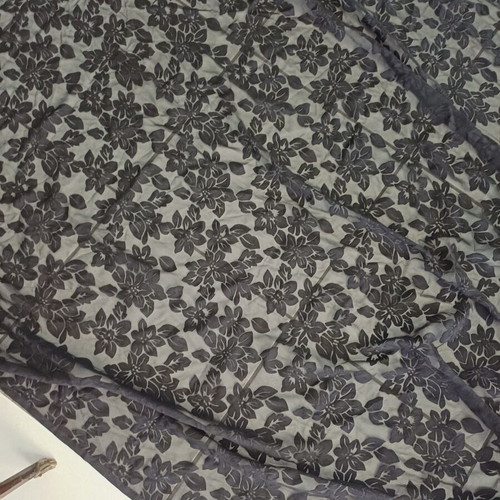 Black transparent fabric with velour floral patterns, new, 4.20 x 1.20m
