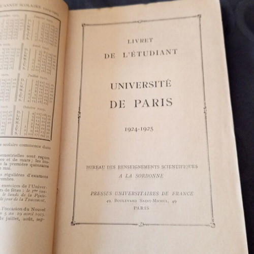 University of Paris Study Guide 1924-25 used, French