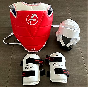 Εξοπλισμός προστασίας Taekwondo για παιδιά (κάσκα, θώρακας, επικαλαμίδες), σε άριστη κατάσταση