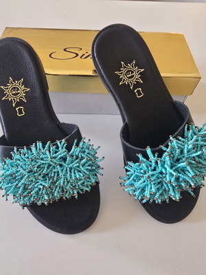 Handmade black sandals with turquoise and gold beads new