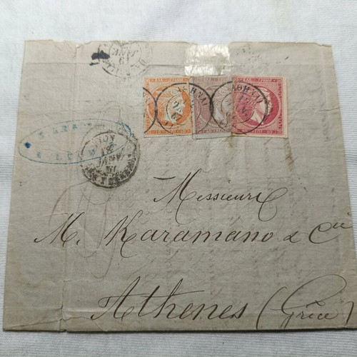 Letter 1867 with 3 Hermes Large Heads used to Athens with Latin postmarks